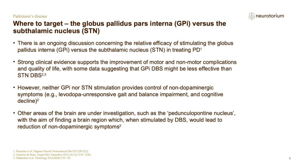 Where to target – the globus pallidus pars interna (GPi) versus the subthalamic nucleus (STN)
